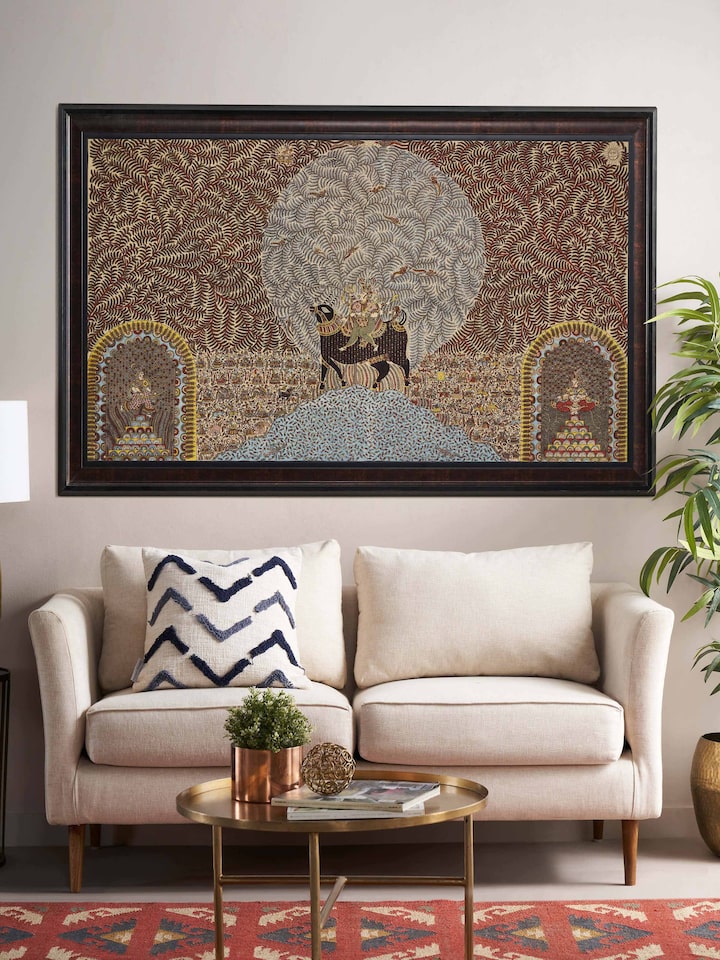 Side view of Mata Ni Pachedi Goddess on Bull Artwork showcasing the goddess on a bull with elaborate designs in the painting