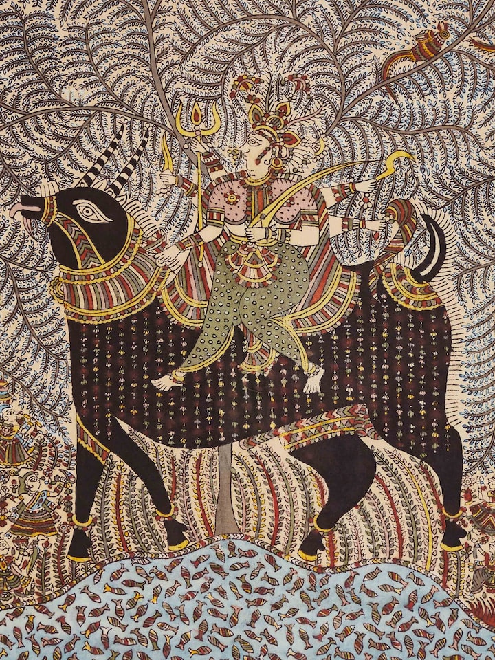 Close-up of Mata Ni Pachedi Goddess on Bull Artwork highlighting the artistic depiction of the goddess and the bull