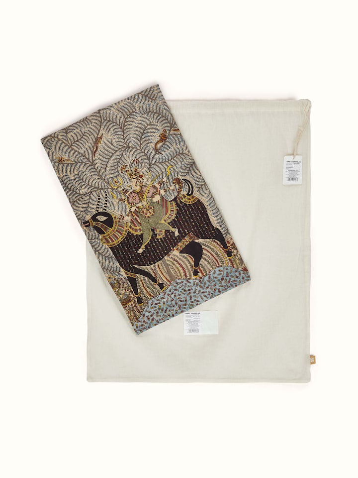 Angled view of Mata Ni Pachedi Goddess on Bull Artwork emphasizing the detailed craftsmanship of the traditional painting