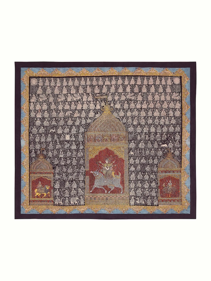 Front view of Mata ni Pachedi goddess worship artwork, featuring vibrant colors and traditional patterns.