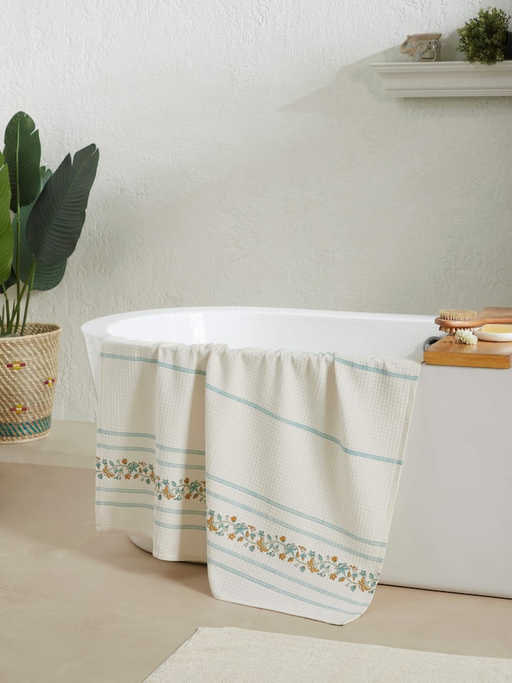 Close-up of Palampore Stripe White Floral Cotton Sanganeri Block Printed Bath Towel (XL), highlighting the detailed block print pattern.