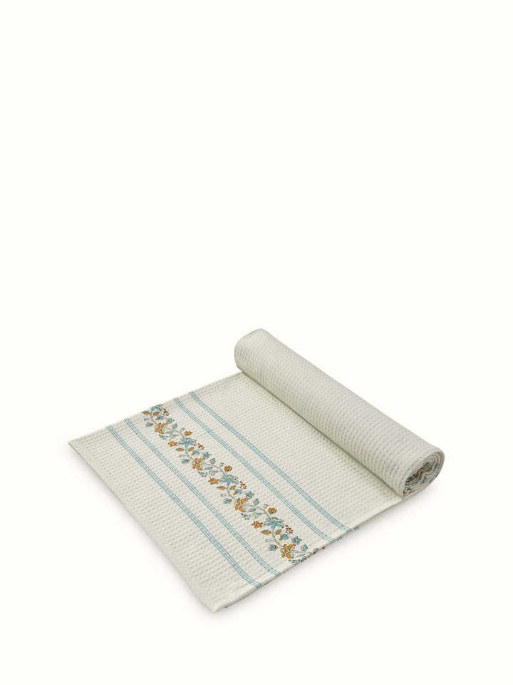 Detailed view of Palampore Stripe White Floral Cotton Sanganeri Block Printed Bath Towel (XL), featuring the intricate floral motifs.