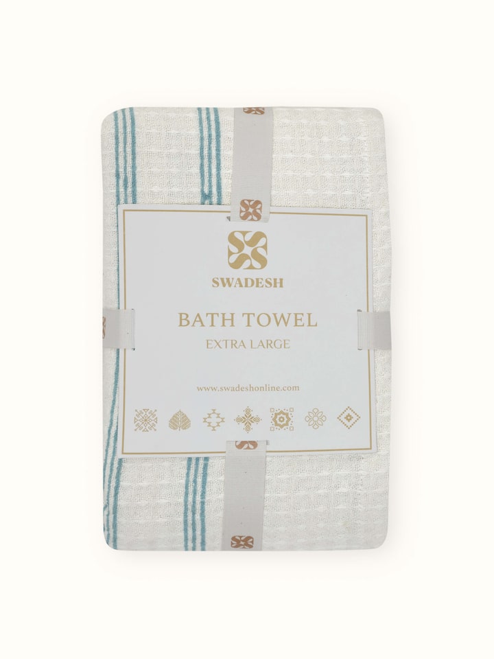 Full view of Palampore Stripe White Floral Cotton Sanganeri Block Printed Bath Towel (XL), emphasizing the towel’s elegant design and size.
