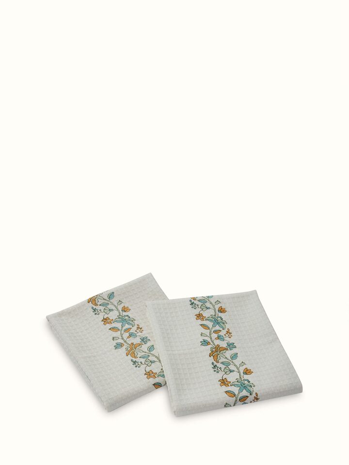 Palampore border white floral cotton Sanganeri block printed hand towels (2 pcs) featuring a floral design and border details