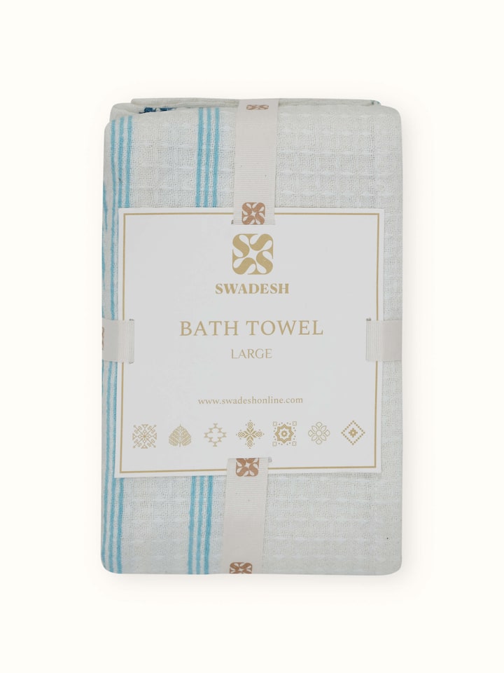 Full view of Palampore blue floral cotton bath towel with Sanganeri block print and stripe design, showcasing intricate patterns and color details.