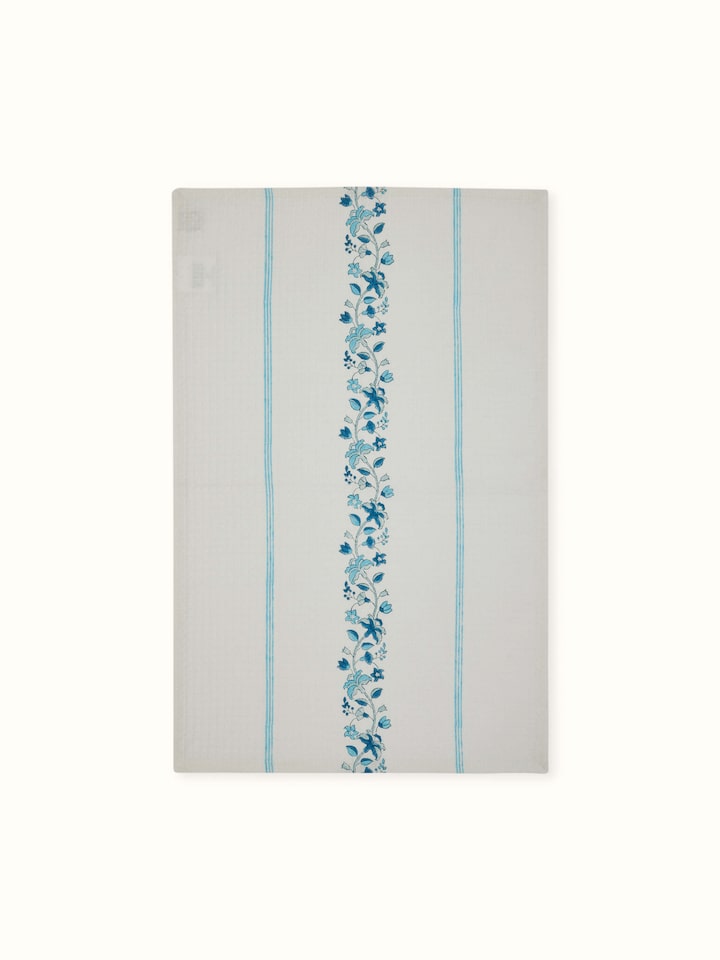 Side view of Palampore Border Blue Floral Cotton Sanganeri Block Printed Hand Towels emphasizing the towel's texture and design.