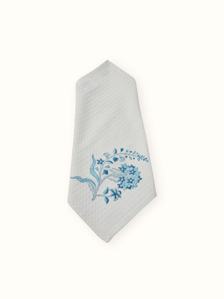 Angled view of Palampore Blue Floral Cotton Sanganeri Block Printed Face Towels (4 pcs), showing the overall design and print.