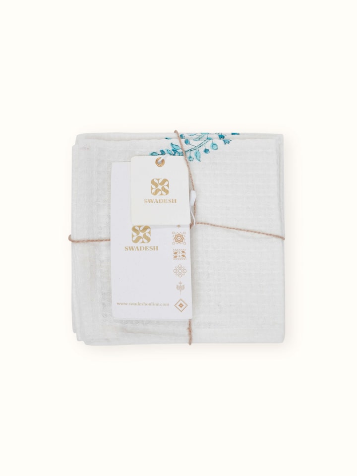 Full view of Palampore Blue Floral Cotton Sanganeri Block Printed Face Towels (4 pcs), displaying the set's coordinated design.