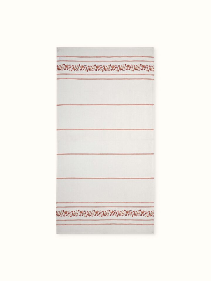 Full view of Palampore Stripe Peach Floral Cotton Sanganeri Block Printed Bath Towel (L) displaying the peach and floral pattern.