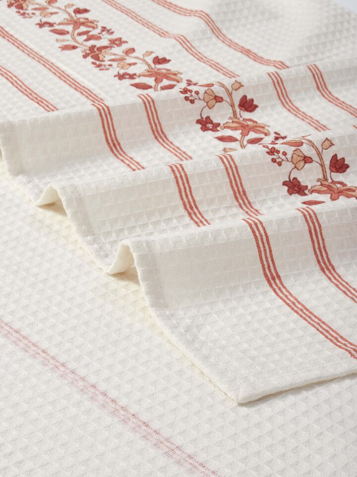 Full view of Palampore Stripe Peach Floral Cotton Sanganeri Block Printed Bath Towel (L) showing the complete pattern and size.