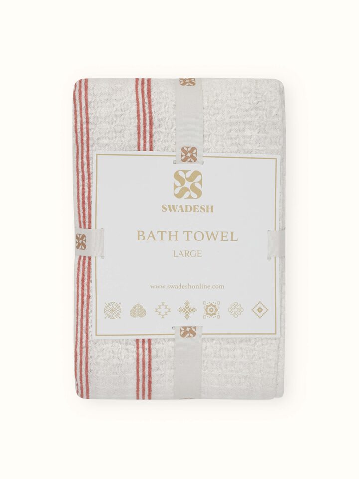 Detailed view of Palampore Stripe Peach Floral Cotton Sanganeri Block Printed Bath Towel (L) focusing on the stripe and floral block print.