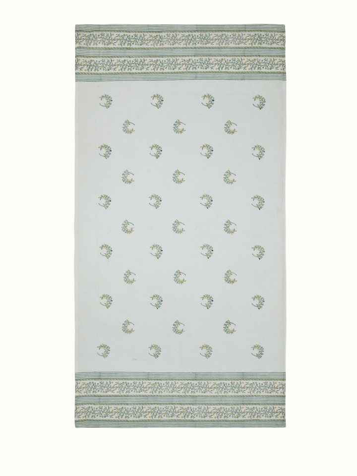 Full view of Ambi allover yellow floral cotton Sanganeri block printed bath towel (L) showcasing its vibrant floral print and size.