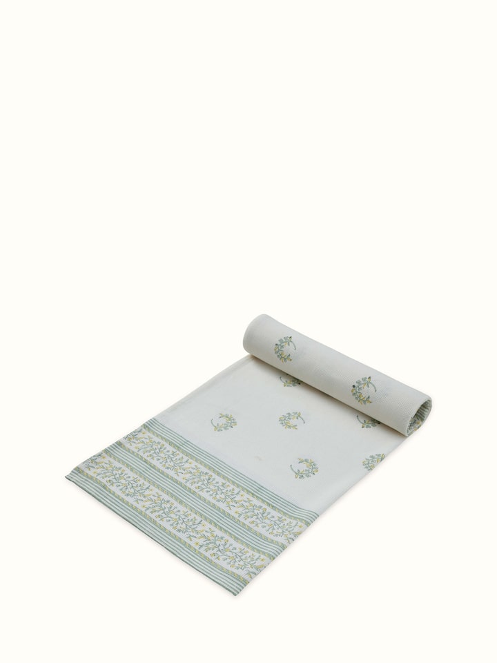 Detailed view of Ambi allover yellow floral cotton Sanganeri block printed bath towel (L) emphasizing the print texture and vibrant colors.