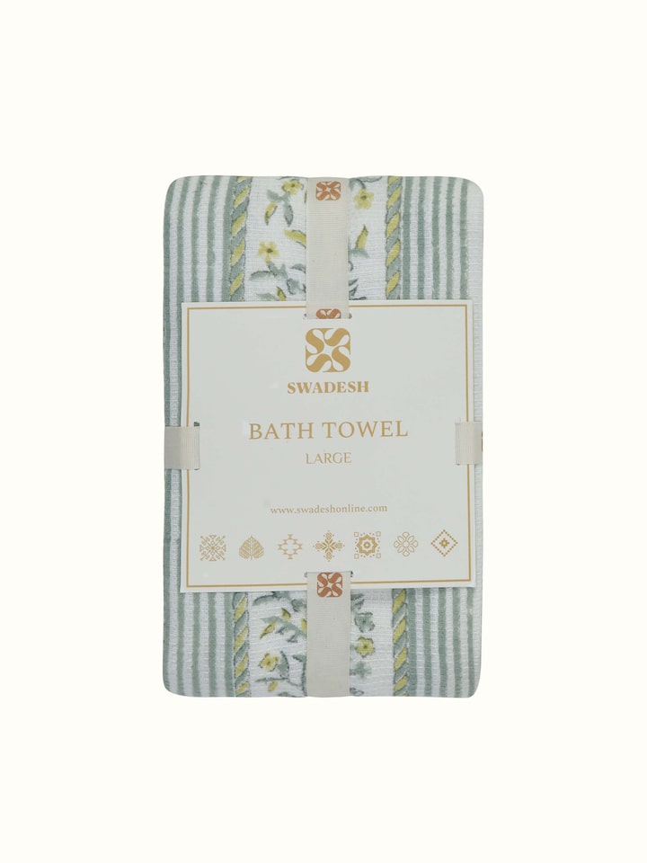 Front view of Ambi allover yellow floral cotton Sanganeri block printed bath towel (L) capturing the full floral pattern and towel texture.