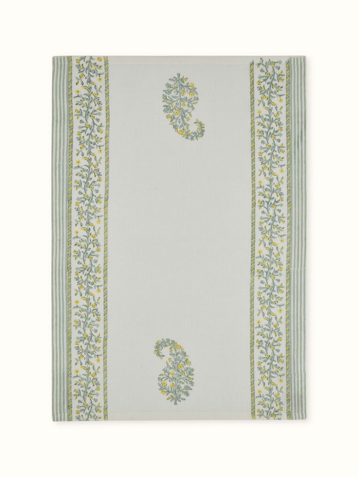 Close-up of Ambi stripe yellow floral cotton Sanganeri block printed hand towels (2 pcs) showing detailed floral and stripe patterns