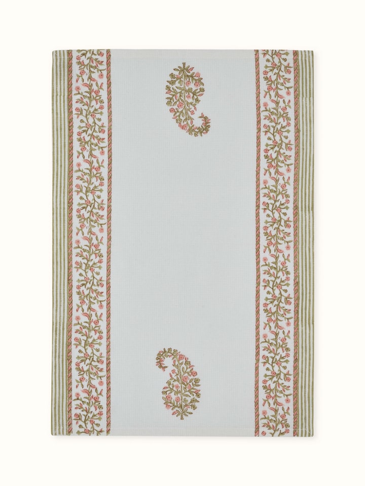 Ambi Stripe Peach Floral Cotton Sanganeri Block Printed Hand Towels folded and showcasing the overall design.