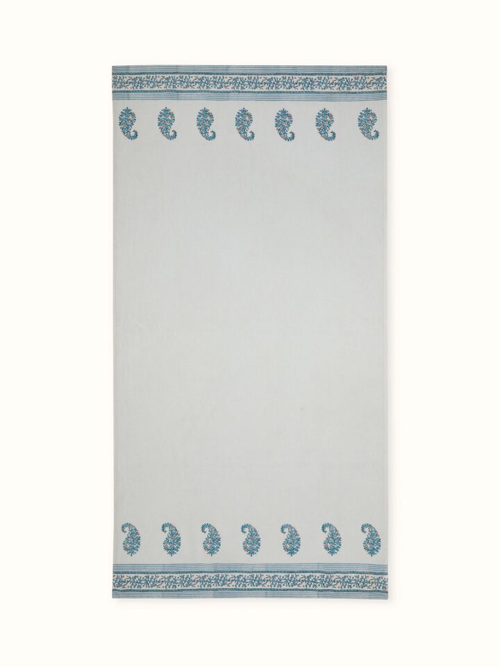 Ambi border blue floral cotton Sanganeri block printed bath towel (XL), showing the full design and texture.