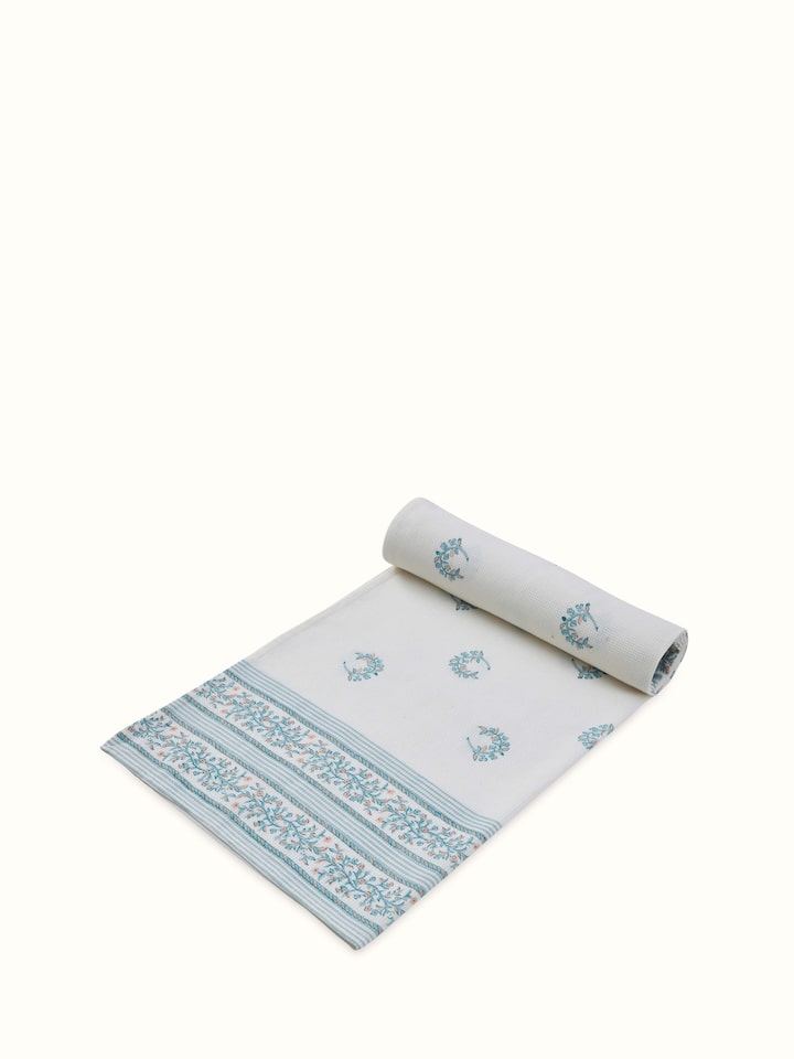 Ambi allover blue floral cotton Sanganeri block printed bath towel (L) displaying the full blue floral block print design.