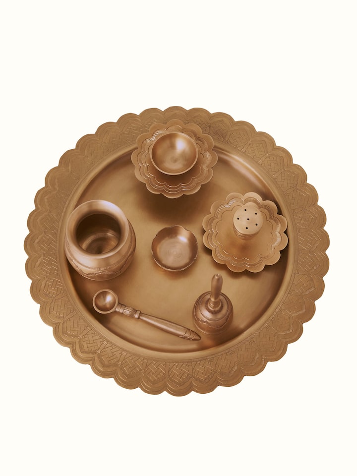 Front view of Polished Brass Pooja Thali Set showing the complete set and its design