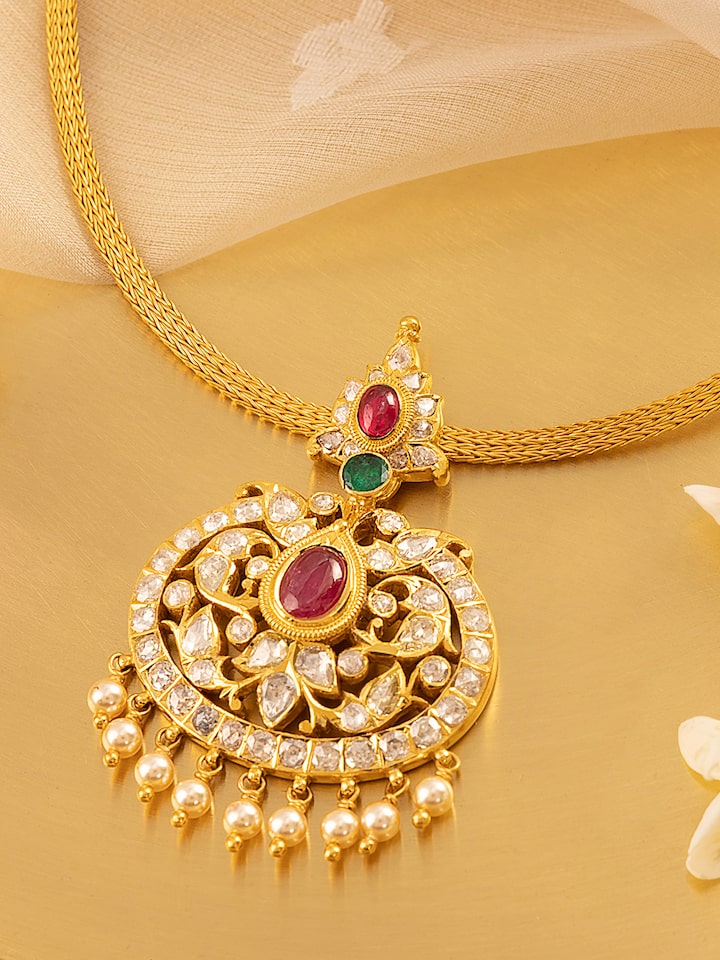 Close-up showing texture and design details of Kundala Velai gold collar necklace