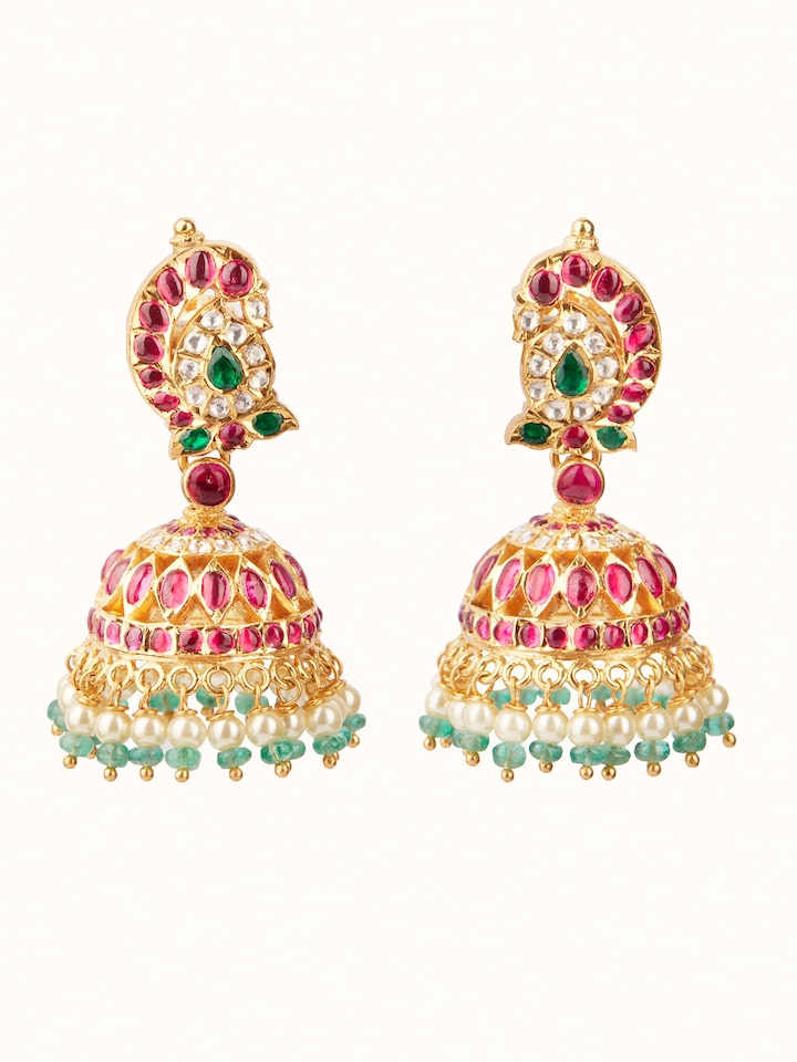 Front view of the Kundala Velai 22 Karat Gold Jhumkas showcasing their intricate design