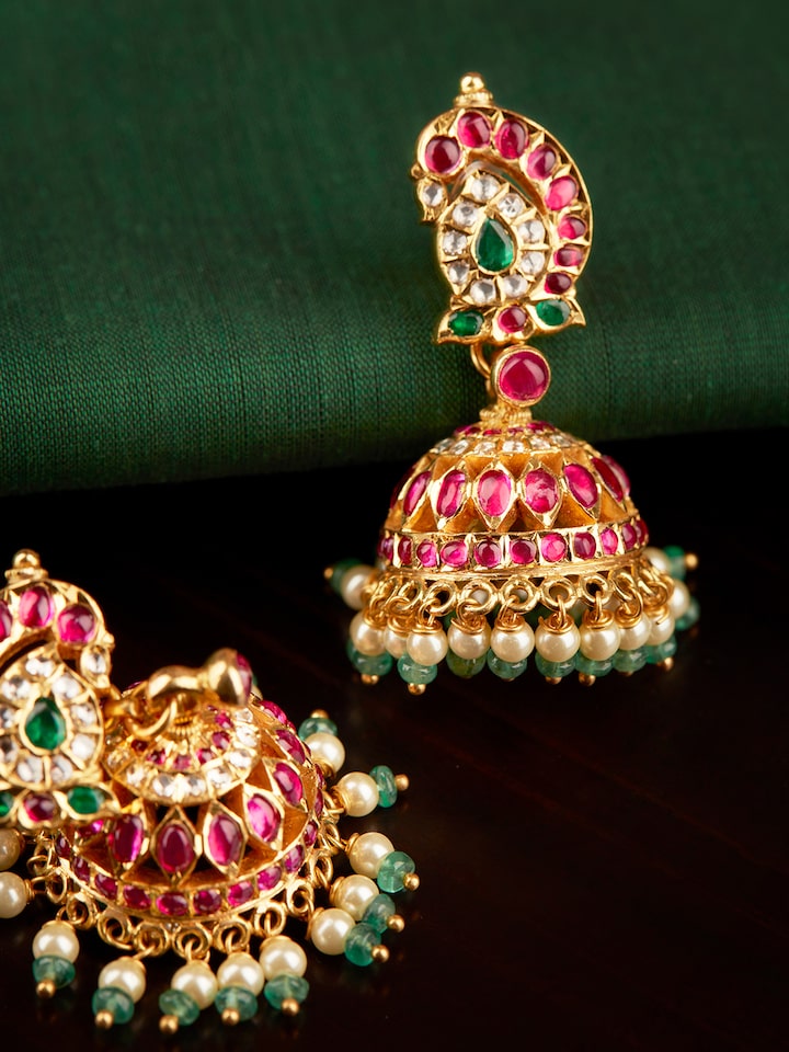 Angled view presenting the overall elegance and traditional style of the jhumkas