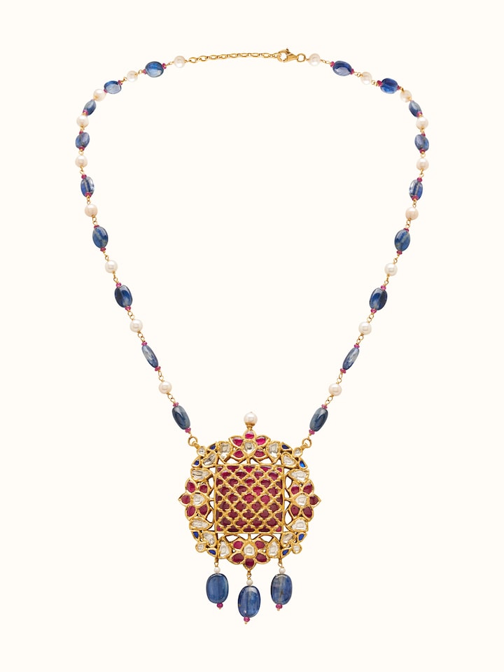 Front view of Badroom 22 karat gold pendant & chain featuring polished gold finish and simple form