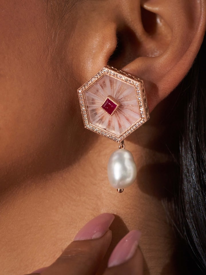 Detail view of Lapidary 14 Karat Gold Drop Earrings highlighting the stone setting and metalwork detail