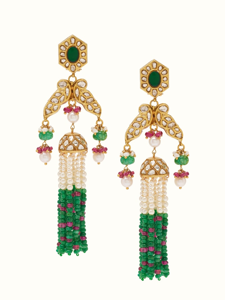 Front view of Thappa 22 Karat gold drop earrings with hammered texture and traditional charm.