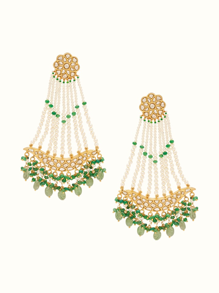 Front view of Thappa 22 Karat gold drop earrings with detailed embossing and polished finish