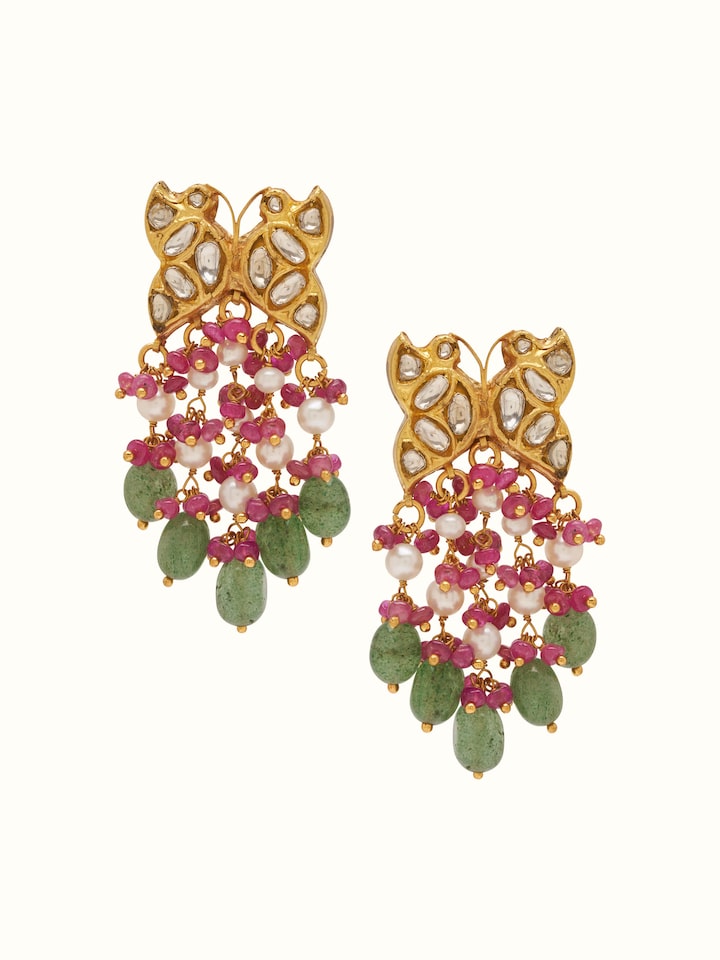 Front view of Thappa 22 Karat Gold Drop Earrings by Swadesh showcasing traditional design and gleaming gold finish