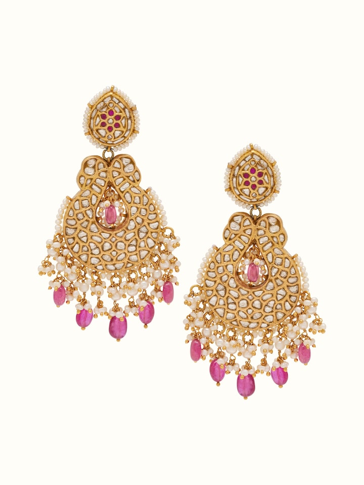 Elegant 22 karat gold drop earrings displayed from the front highlighting their shine and design