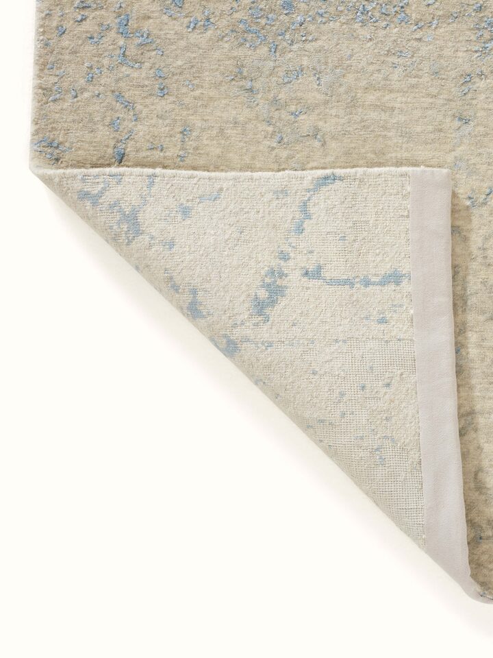Full view of Modern Distressed Transitional Blue Bhadohi Wool & Viscose Hand-Knotted Rug, showing the complete design and color pattern.