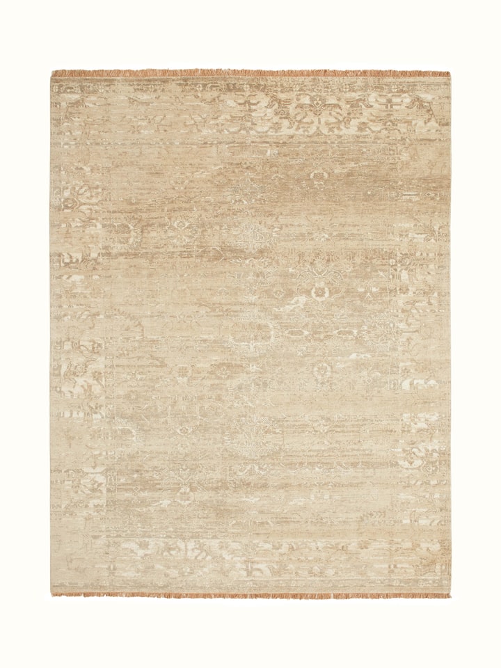 Distressed Transitional Beige Brown Bhadohi Wool & Silk Hand-Knotted Rug, showcasing a blend of beige and brown in a transitional pattern.