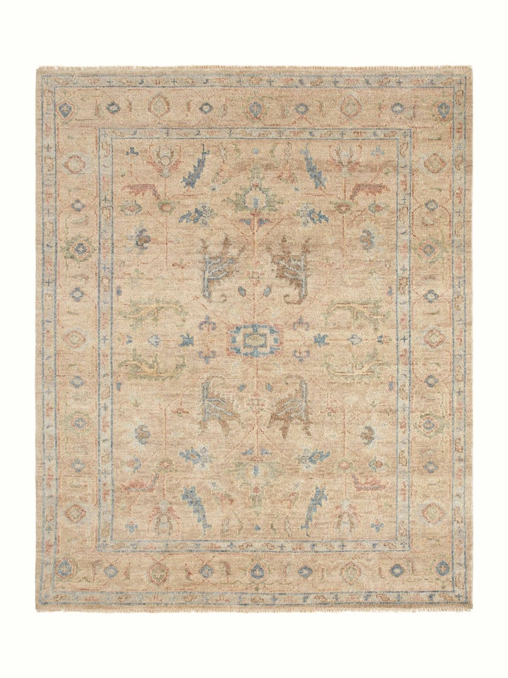 Full view of Oushak traditional beige Bhadohi wool hand-knotted rug showing its traditional design and beige color