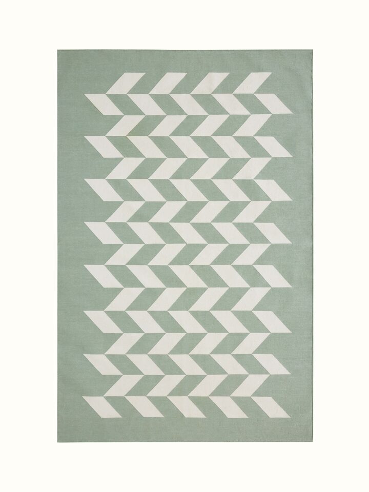 Full view of Modern geo chevron light green ivory lawan cotton panja dhurrie kharad showcasing its geometric chevron pattern.
