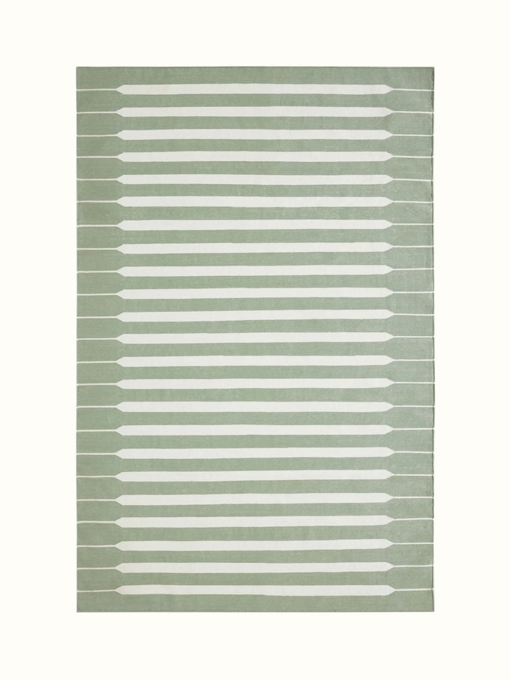 Modern geo stripe light green ivory lawan cotton panja dhurrie kharad with geometric stripe patterns in light green and ivory tones.