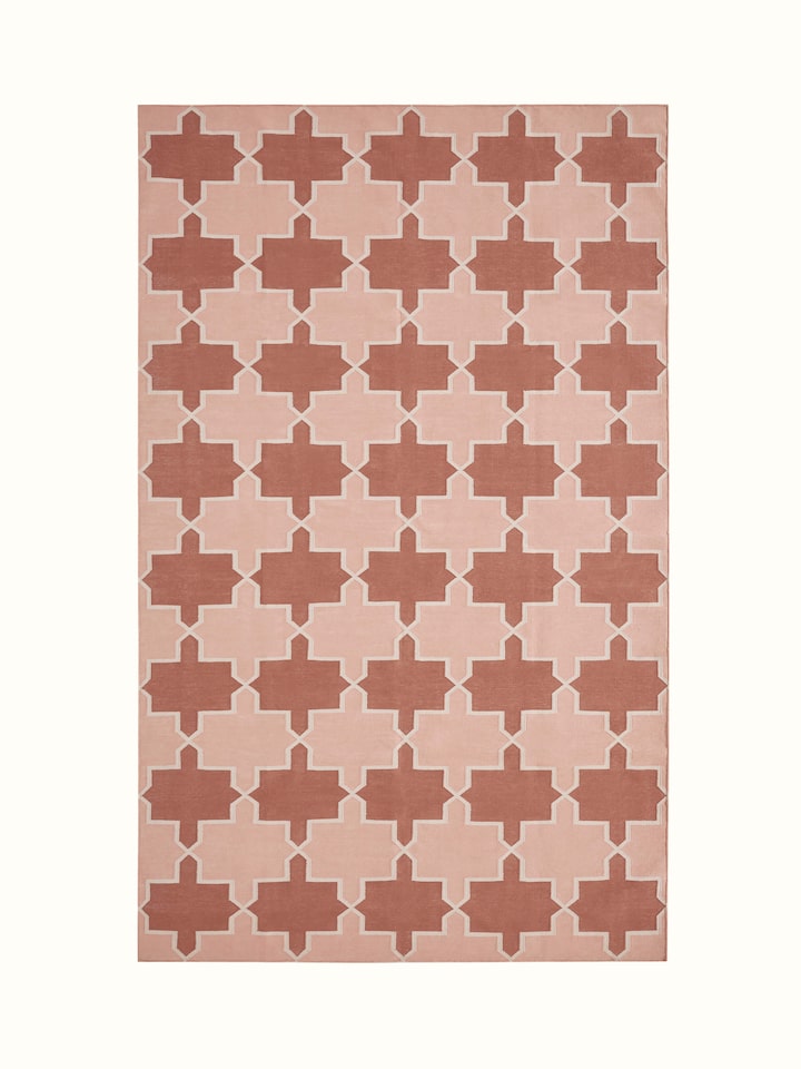 Front view of Modern Geo Red Blush Lawan Cotton Panja Dhurrie showcasing geometric patterns and vibrant colors