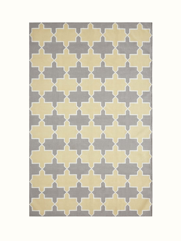 Full view of Modern Geo grey yellow Lawan cotton panja dhurrie showcasing the geometric patterns and color scheme