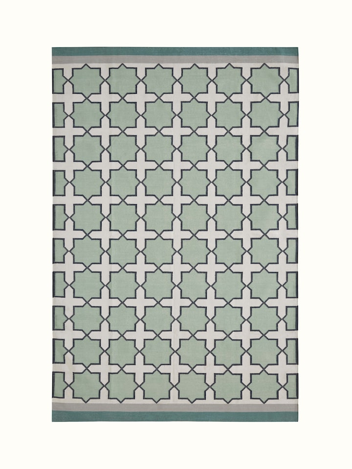 Front view of Modern Geo Jharokha green grey Lawan cotton Panja dhurrie, showcasing its geometric pattern and color scheme