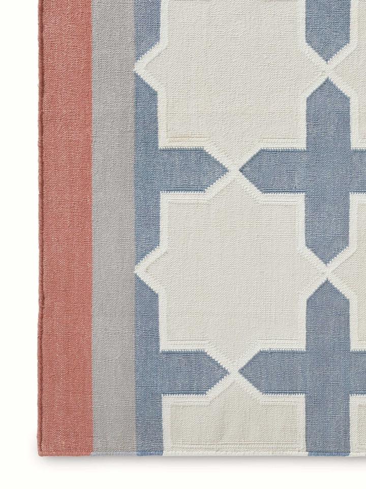 Detailed view of Modern geo jharokha grey blue lawan cotton panja dhurrie focusing on the texture and geometric patterns.
