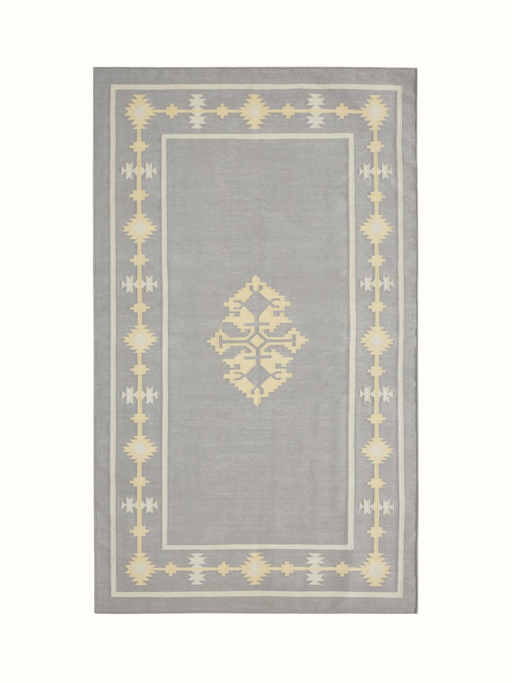 Traditional Kilim grey yellow Lawan cotton Panja dhurrie, featuring the full design and color scheme
