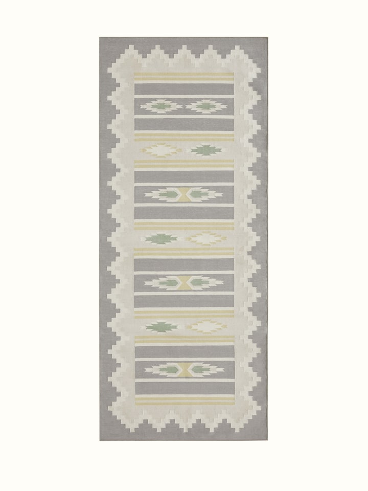 Full view of Modern Geo Grey Lawan Cotton Panja Runner displaying the geometric pattern and grey tones.