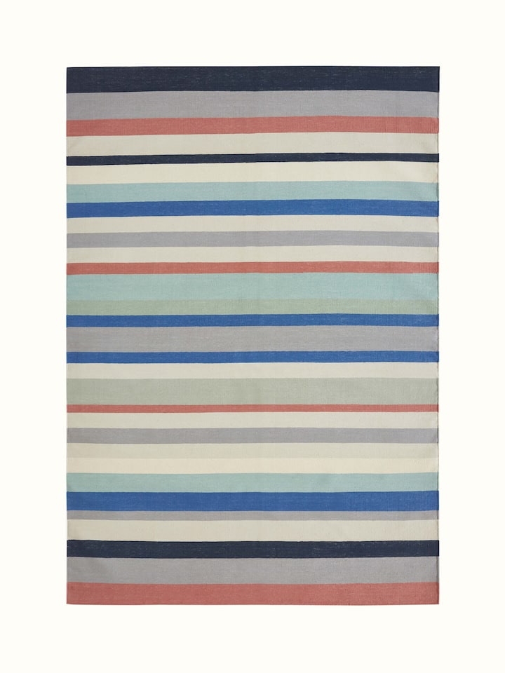 Full view of Modern Geo Stripe Lawan Cotton Panja Dhurrie, showcasing its geometric stripe pattern and vibrant colors.