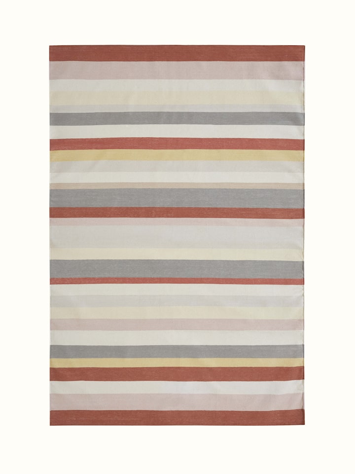 Full view of Modern geo stripe rust lawan cotton panja dhurrie showcasing the rust-colored stripes and cotton material.