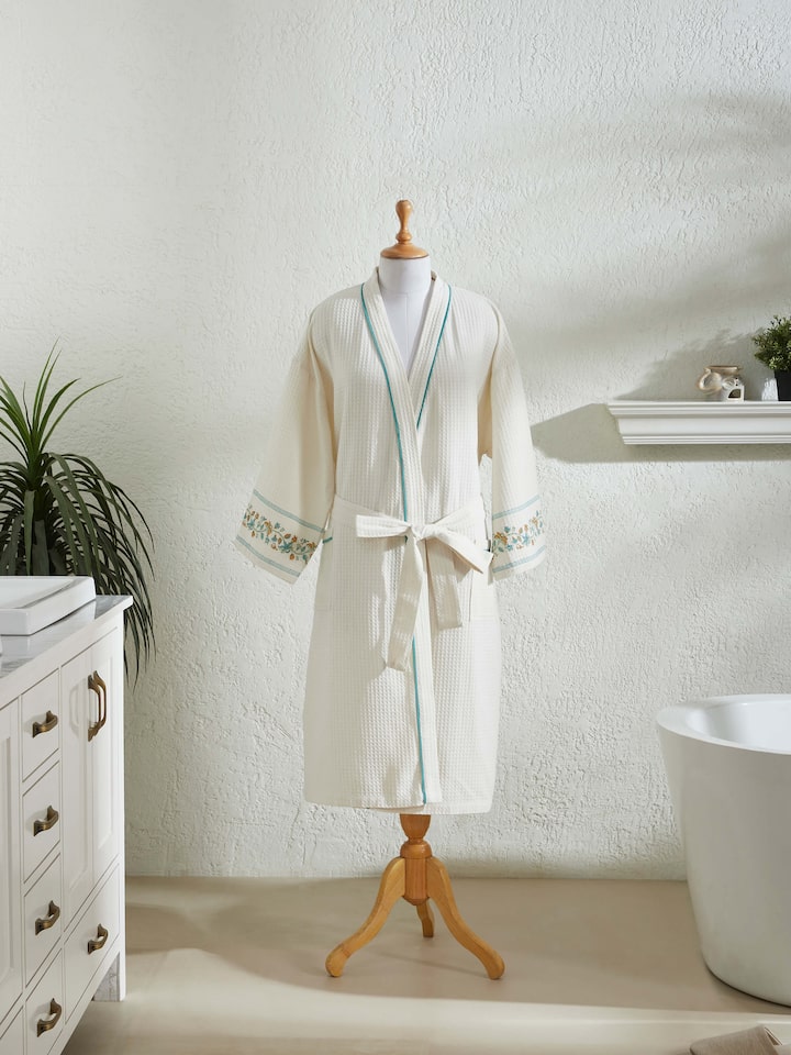 Side view of Palampore Buta Yellow & Green Floral Cotton Sanganeri Block Printed Bathrobe showcasing the block print pattern