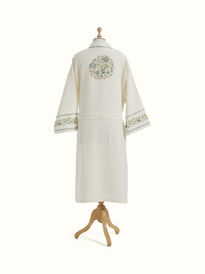 Full view of Palampore Buta Yellow & Green Floral Cotton Sanganeri Block Printed Bathrobe showing complete design