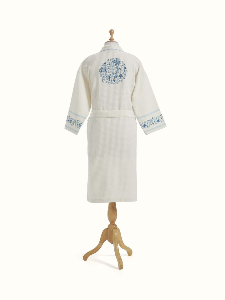 Angled view of Blue floral cotton Sanganeri block printed bathrobe showcasing the full design and relaxed fit.