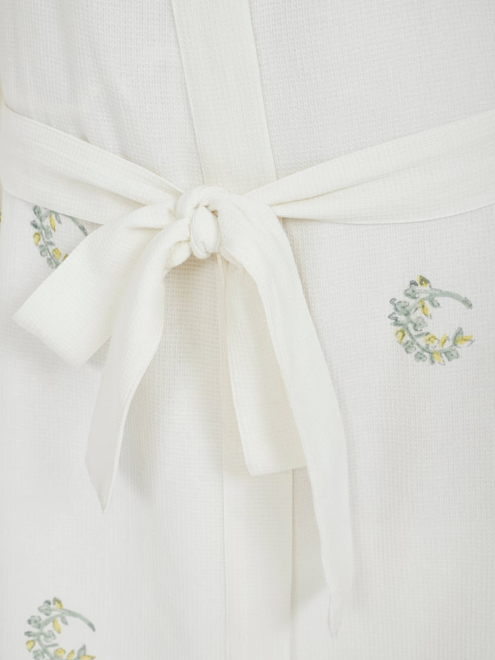 Full length of Ambi Buta yellow floral cotton Sanganeri block printed bathrobe