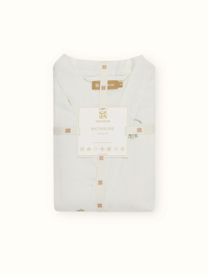 Another detailed view of Ambi Buta yellow floral cotton Sanganeri block printed bathrobe